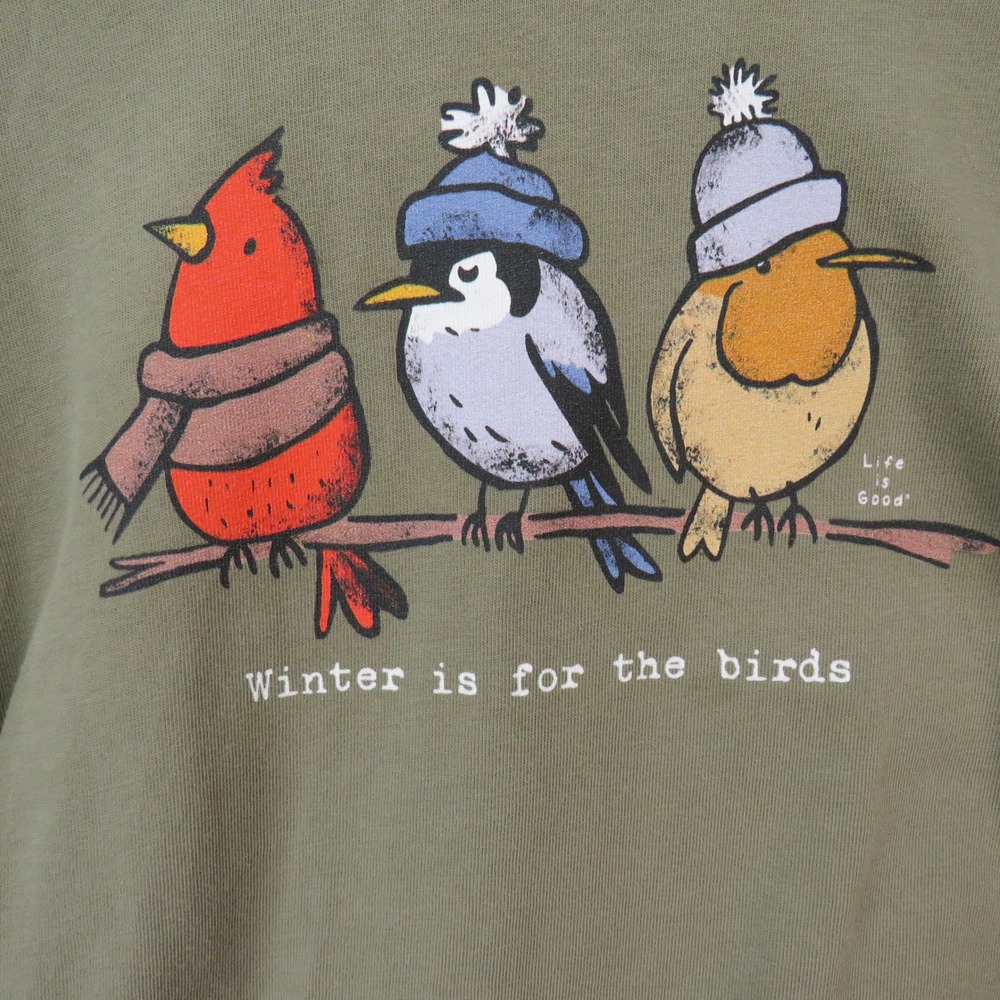 Life is Good Crusher Long Sleeve Tee Green Winter Birds Graphic Shirt Womens M - Picture 2 of 10